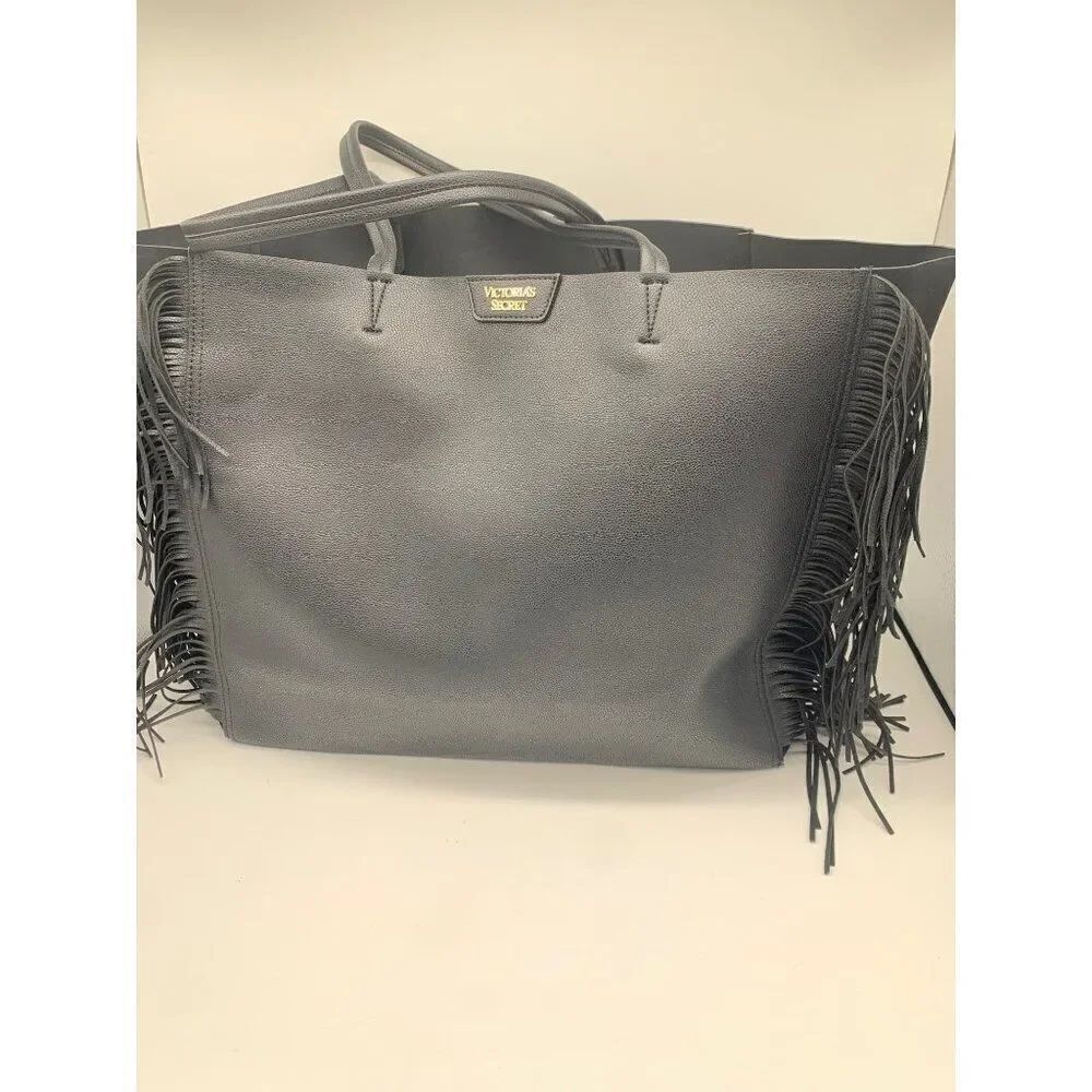 Victoria’s Secret Women Black Faux Leather / Suede Maxi Tote with Fringe NWT